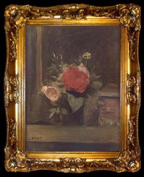 framed  Jean Baptiste Camille  Corot Bouquet de fleurs dans un verre a cote d
